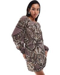 ASOS - Robe courte à manches chauve-souris et dos bénitier avec motif linéaire ornementé - lilas cendré - Lyst