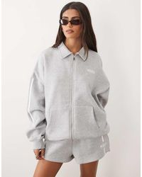 Kaiia - Cotton Rich Embroidered Logo Detail Side Stripe Oversized Zip Through Collared Sweatshirt Co-ord - Lyst