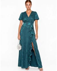 Maya - Floral Jacquard Faxu Wrap Waterfall Ruffle Satin Maxi Dress - Lyst
