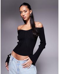 ASOS - Structured Bardot Long Sleeve Top With Rib Shaping Detail - Lyst