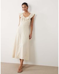 Mango - Linen Mix Midi Dress With Ruffle Detail - Lyst