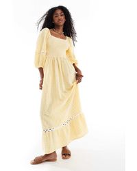 Accessorize - Vestido Playero Largo A Cuadros Vichy Naranjas Con Mangas Abullonadas De - Lyst