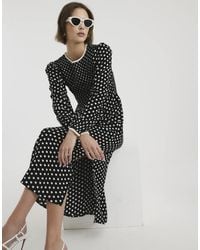 River Island - Long Sleeve Shirred Polka Dot Midi Dress - Lyst