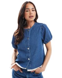 ASOS - Top Vaquero Medio Con Mangas Abullonadas Y Ribete Bordado De (Parte De Un Conjunto) - Lyst