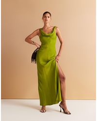 Mango - Jacquard Satin Cowl Neck Maxi Dress With Side Split - Lyst