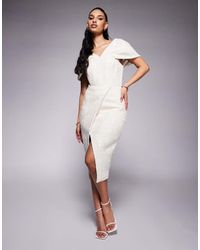 Lavish Alice - Draped Bardot Sequin Boucle Midi Dress - Lyst