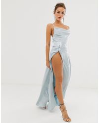 ASOS Атласное Платье Макси Со Свободным Воротом И Разрезом До Бедра - Синий