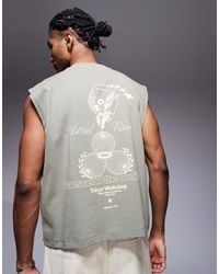 ASOS - Camiseta Caqui Claro De Corte Cuadrado Extragrande Sin Mangas Con Estampado En El Pecho Y La Espalda De -Verde - Lyst