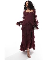 ASOS - Vestito Lungo A Balze Bordeaux Con Fondo Asimmetrico, Volant E Dettaglio Stile Corsetto - Lyst