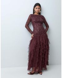 LACE & BEADS - Embellished Round Neck Drop Waist Ruffle Skirt Maxi Dress - Lyst