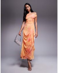 ASOS - One Off Shoulder Cowl Neck Mesh Midi Dress With Hitched Wrap Skirt - Lyst