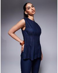 River Island - Denim Top Met Plat Gestikte Plooien - Lyst