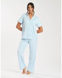 Loungeable - Super Soft Jersey Rib Traditional Short Sleeve Long Pant Set - Lyst