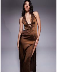 The Frolic - Exclusive Satin Lace Trim Plunge Tie Detail Maxi Dress - Lyst