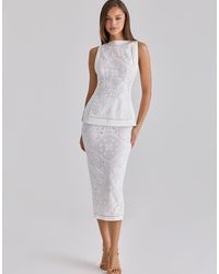 House Of Cb - Cecilia Cotton Placement Lace Broderie Anglaise Midi Skirt - Lyst