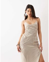 ASOS - Crinkle Satin Scoop Neck Cami Midi Dress With Floral Embellishment - Lyst