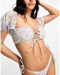 Miss Selfridge - Ditsy Short Sleeve Lace Up Detail Bikini Top - Lyst