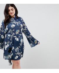 ASOS Kimono Sleeve Bird Print Mini Dress With Self Fringe Belt - Blue