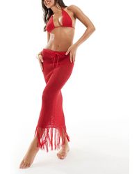 Missy Empire - Falda Larga Roja De Talle Bajo Con Bajo De Flecos De Croché De Missy Empire (Parte De Un Conjunto) - Lyst
