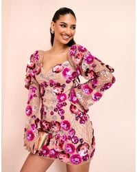ASOS - 3d Floral Embellished Puff Sleeve Mini Dress - Lyst