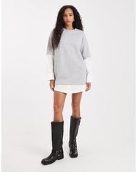 ASOS - Vestito T-Shirt Corto Bianco E Grigio Con Dettaglio Stile Camicia Oversize - Lyst