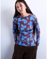 TOPSHOP - Abstract Floral Print Slash Neck Long Sleeve Top - Lyst
