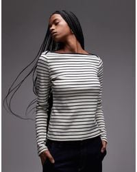 Mango - T-Shirt A Maniche Lunghe Bianca A Righe Con Scollo A Barchetta - Lyst