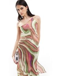 Mango - One Shoulder Wave Print Midi Dress - Lyst