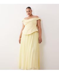 ARRANGE - Vestido Largo Amarillo Limón Estructurado Con Hombro Caído Y Falda De Corte Amplio De Curve - Lyst