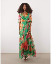 Hope & Ivy - Flutter Sleeve Maxi Wrap Dress With Tie Waist - Lyst