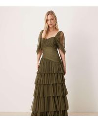 LACE & BEADS - Asymmetric Ruffle Tulle Maxi Dress - Lyst