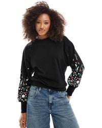 ONLY - Crew Neck Jumper With Floral Sleeve Detail - Lyst