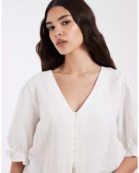 Pieces - Geweven Blouse Met Pofmouwen En Knopen Aan De Voorkant - Lyst