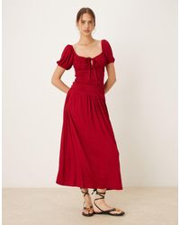 ASOS - Crinkle Shirred Waist Milkmaid Puff Sleeve Midi Tea Dress - Lyst