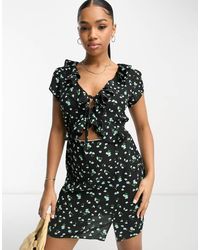 ASOS - Vestito Da Giorno Corto Nero A Fiori Con Volant Sul Corpetto E Finiture - Lyst