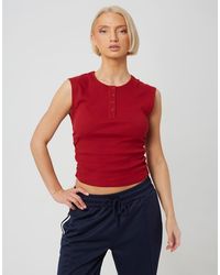 Brave Soul - Sleeveless Button Neck Top With Ruched Detail - Lyst