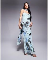 ASOS - Vestido Largo Azul Con Estampado Floral, Escote Palabra De Honor Y Espalda Desbocada Con Abertura De Malla De - Lyst