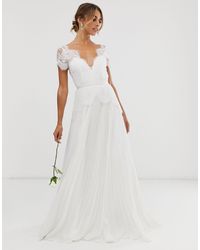 ASOS Vestido de boda de encaje escotado con falda plisada - Blanco
