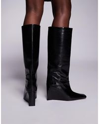 ASOS - Clarissa Premium Leather Wedge Pull On Boots With Chisel Toes - Lyst