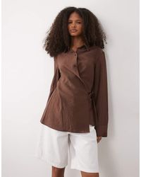 Mango - Linen Mix Long Sleeve Shirt With Side Tie - Lyst