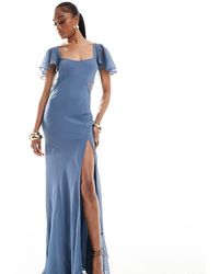 ASOS - Vestido Largo Azul Negruzco Con Mangas Fluidas E Inserto De Encaje De Asos Design Tall - Lyst
