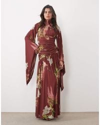 ASOS - Printed Mesh High Neck Modesty Maxi Dress With Waterfall Sleeve Detail - Lyst
