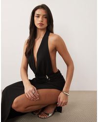 Missy Empire - Chiffon Plunge Wrap Metal Detailing Open Back Thigh Split Maxi Dress - Lyst