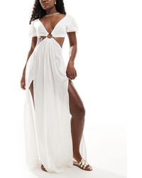 ASOS - Puff Sleeve Cut Out Maxi Beach Dress With Ring Detail - Lyst