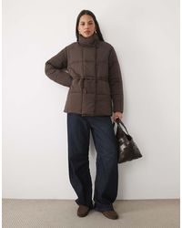 Threadbare - Mid Length Puffer Coat With Funnel Neck And Tie Waist Detail - Lyst