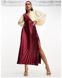 ASOS - – plissiertes midi-wickelkleid aus satin mit knopfdetail und blockfarbendesign - Lyst