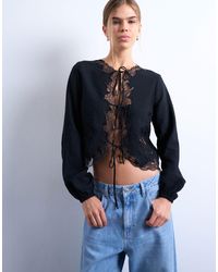 TOPSHOP - Delicate Tie Front Long Sleeve Top With Lace - Lyst