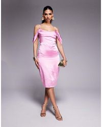 Vesper - Bardot Midi Dress With Draped Neckline - Lyst