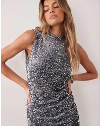 Vila - High Neck Sleeveless Sequin & Velour Mini Dress With Ruching - Lyst