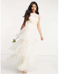 Y.A.S Bridal Maxi Dress With Lace Top And Tulle Tiered Skirt - White